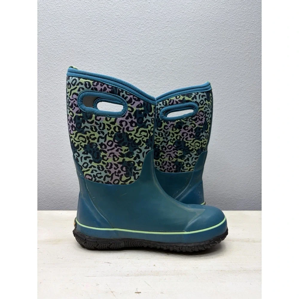Bogs Kids Classic Leopard Print Thermal Rain Boot Blue Purple Size 4 Waterproof